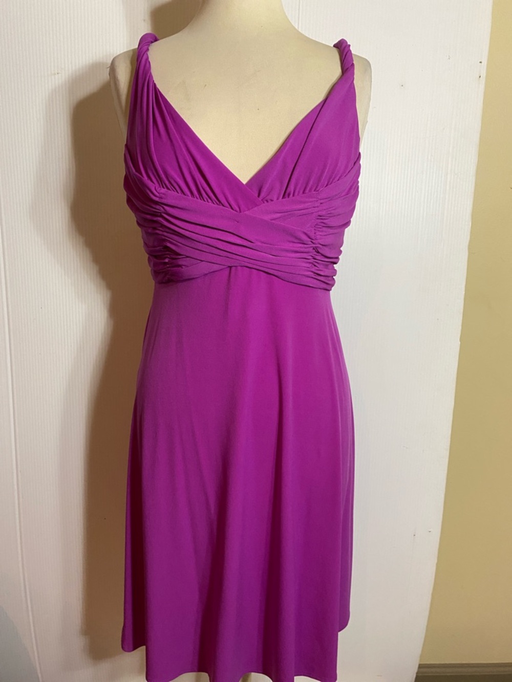 K Jordan Magenta Ruched V-Neck Midi Dress